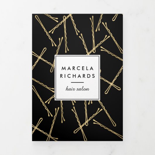 Chique Gold Bobby Pins Haarsalon Zwart Brochure Drieluik Kaart (Cover)