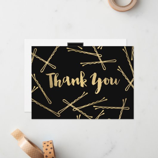 Chique Gold Bobby Pins Haarsalon Zwart Dank u Notitiekaartje (Voorkant / Achterkant in situ)