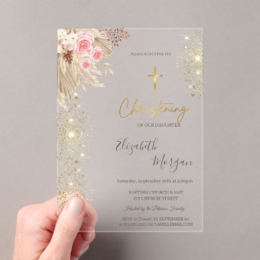 Chique Gold Cross Doop Goud Glitter Boho Bloemen Acryl Uitnodigingen (Insitu (Draagbaar))