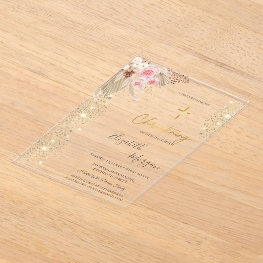 Chique Gold Cross Doop Goud Glitter Boho Bloemen Acryl Uitnodigingen (Laagn)