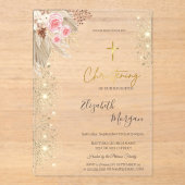 Chique Gold Cross Doop Goud Glitter Boho Bloemen Acryl Uitnodigingen (Voorkant)