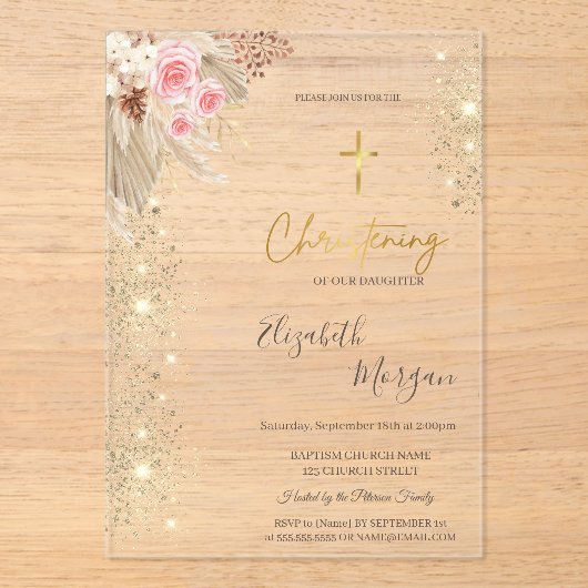 Chique Gold Cross Doop Goud Glitter Boho Bloemen Acryl Uitnodigingen (Voorkant)