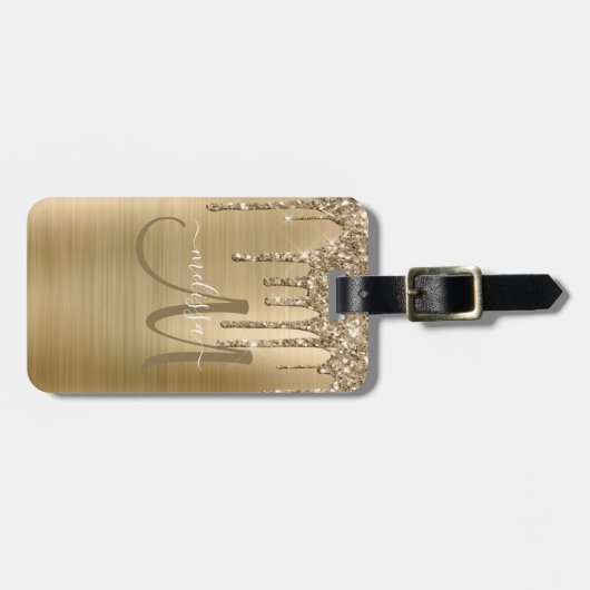 Chique Gold Dripping Glitter Brush Metal Monogram Bagagelabel (Voorkant horizontaal)