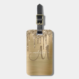 Chique Gold Dripping Glitter Brush Metal Monogram Bagagelabel