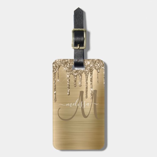 Chique Gold Dripping Glitter Brush Metal Monogram Bagagelabel (Voorkant verticaal)