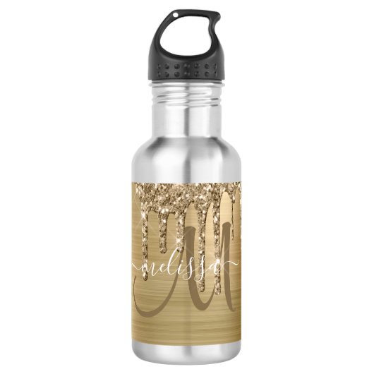 Chique Gold Dripping Glitter Brush Metal Monogram Waterfles (Voorkant)