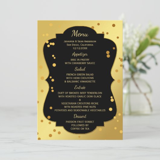 Chique Gold en Black Confetti Menu Kaart (Staand voorkant)
