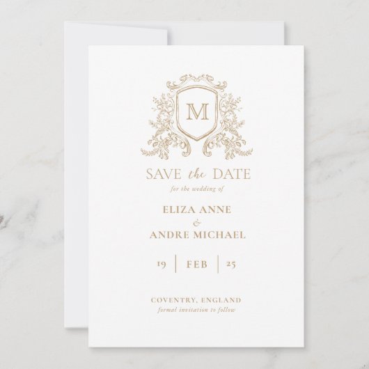 Chique Gold en White Monogram Opslaan De Datum Save The Date (Voorkant)