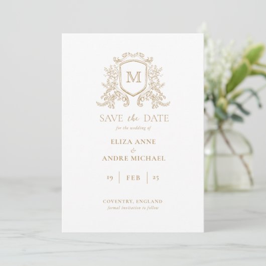 Chique Gold en White Monogram Opslaan De Datum Save The Date (Staand voorkant)