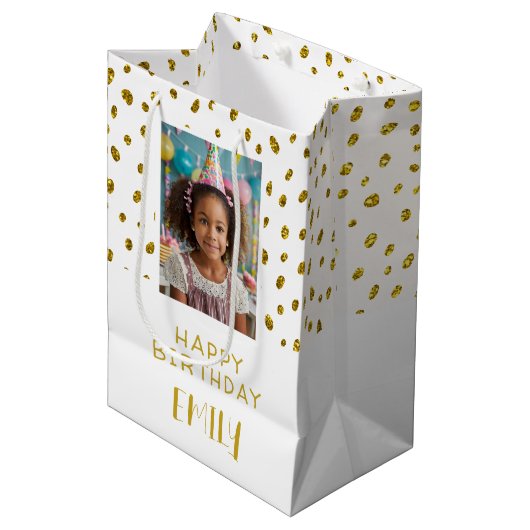 Chique Gold Faux Glitter Verjaardag Kinder Meisje  Medium Cadeauzakje (Voorkant Gekanteld)