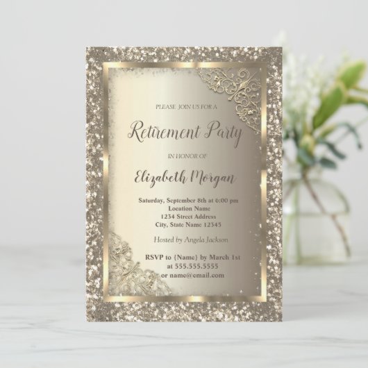 Chique Gold Glitter Bloemen Lijst Pensioen Kaart (Staand voorkant)