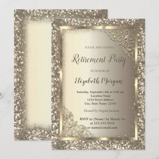 Chique Gold Glitter Bloemen Lijst Pensioen Kaart (Voorkant / Achterkant)