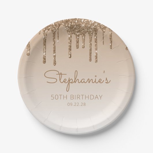 Chique Gold Glitter Drip 50ste Verjaardagsfeestje Papieren Bordje (Voorkant)