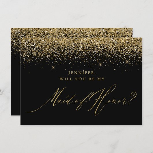 Chique Gold Glitter Script Zwart Maid of Honor Kaart (Voorkant / Achterkant)