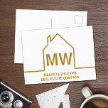 Chique Gold House Vastgoed Bedrijf Marketing Briefkaart<br><div class="desc">Dit chique gouden makelaar monogram marketing briefkaart is op maat gemaakt met uw realty bedrijfsnaam onder de initialen van de makelaar in eenvoudige typografie. Dit minimalistische ontwerp heeft een eenvoudige lijnomtrek van een huis. Moderne briefkaarten voor een makelaar die werkt aan het kopen en verkopen van huizen.</div>