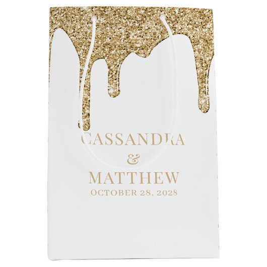 Chique Gold Sparkle Glitter Drips Bruiloft Medium Cadeauzakje (Voorkant)