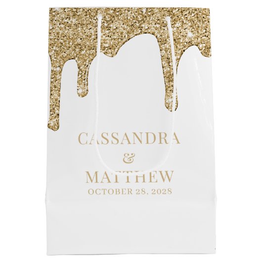 Chique Gold Sparkle Glitter Drips Bruiloft Medium Cadeauzakje (Achterkant)