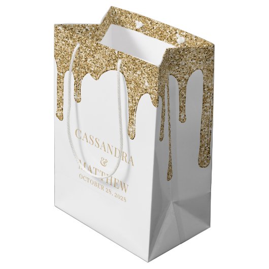 Chique Gold Sparkle Glitter Drips Bruiloft Medium Cadeauzakje (Achterkant Gekanteld)