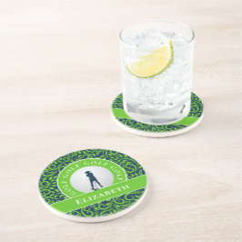 Chique Golfer Silhouet Aangepaste Naam Blauw Groen Zandsteen Onderzetter