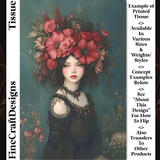 Chique Gotische Vrouw, Rode Bloemen Kroon CP5 Deco Tissuepapier