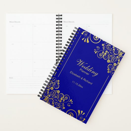 Chique Goud Bloemen Swirls Marine Blauw Bruiloft Planner (Display)