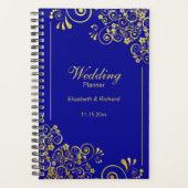 Chique Goud Bloemen Swirls Marine Blauw Bruiloft Planner (Voorkant)