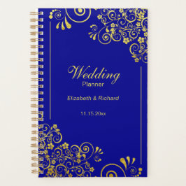 Chique Goud Bloemen Swirls Marine Blauw Bruiloft Planner