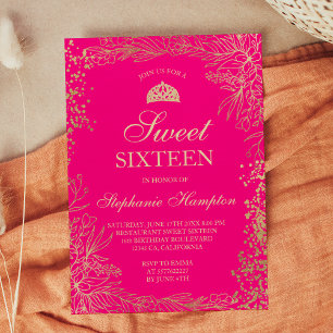 Chique goud bloemenneon roze Tiara chic Sweet 16 Kaart