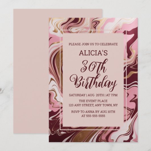 Chique Goud Bourgogne Roze Marmeren Vloeistof 30e  Kaart (Voorkant / Achterkant)