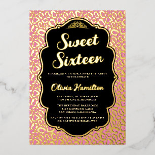 Chique goud en roze luipaardprint Sweet 16 Folie Uitnodiging
