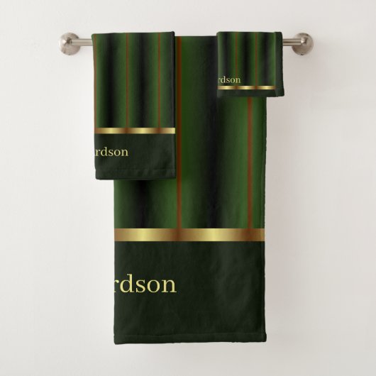 Chique goud en smaragd groene strepen naam bad handdoek (Insitu)