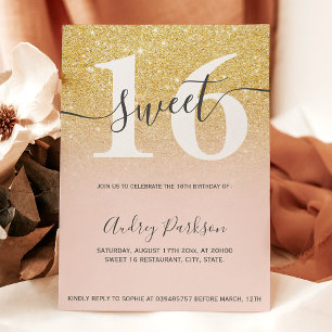 Chique goud glitter blush roze girly Sweet 16 Kaart