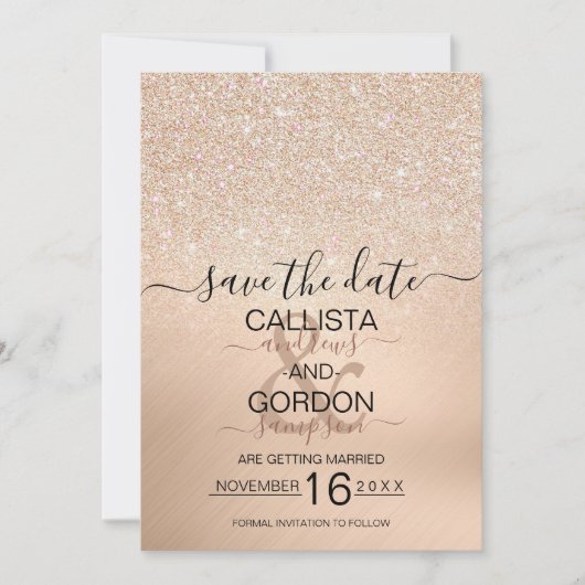 Chique Goud Glitter Metallic Champagne Bruiloft Save The Date (Voorkant)