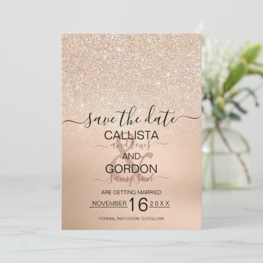 Chique Goud Glitter Metallic Champagne Bruiloft Save The Date (Staand voorkant)