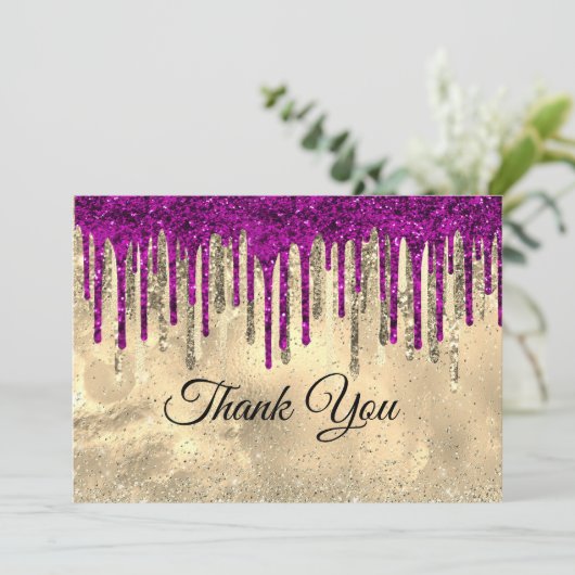 Chique goud heet roze paarse glitter druppels bedankkaart (Staand voorkant)