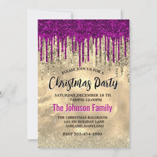 Chique goud heet roze paarse glitter druppels kers kaart (Voorkant)