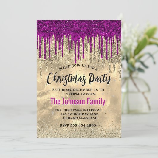 Chique goud heet roze paarse glitter druppels kers kaart (Staand voorkant)