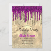 Chique goud heet roze paarse glitter druppels mono kaart (Voorkant)