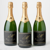 Chique Goud Monogram Script Typografie Zwart Bruil Sparkling Wijnetiket (Flessen)