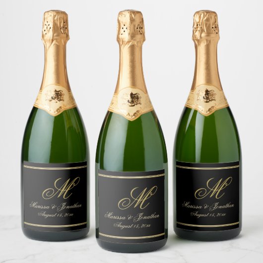 Chique Goud Monogram Script Typografie Zwart Bruil Sparkling Wijnetiket (Flessen)