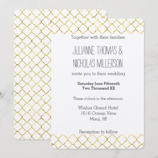 Chique Goud Quatrefoil Bruiloft Kaart (Voorkant / Achterkant)