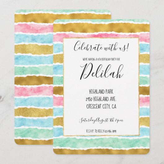 Chique Goud Roze Mint Blauw Waterverf Strepen Kaart (Voorkant / Achterkant)