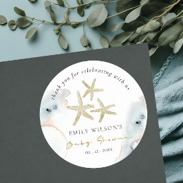 Chique Goud Stof Blauw Strand Sterrenbabyfeest Ronde Sticker