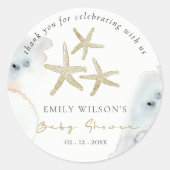 Chique Goud Stof Blauw Strand Stervis Baby Borrel Ronde Sticker (Voorkant)