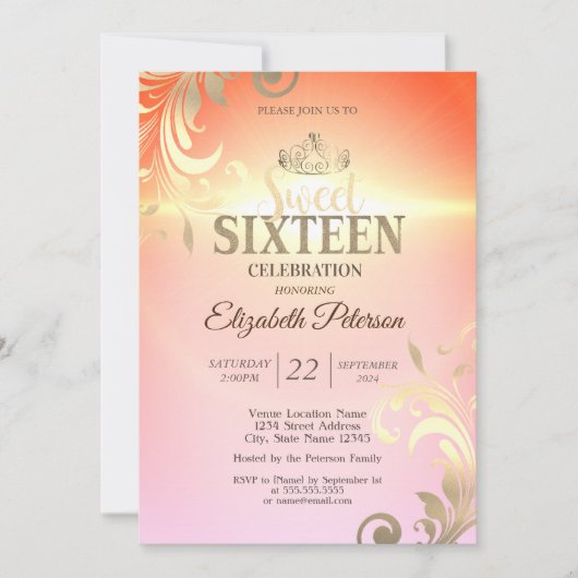 Chique Goud Tiara Diamonds Swirls Sweet 16 Party Kaart (Voorkant)