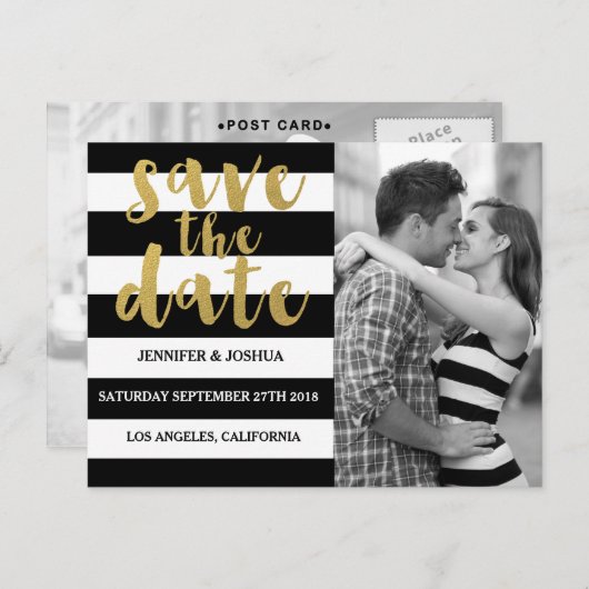 Chique goud | Vet Zwart Streepfoto De datum opslaa Aankondigingskaart (Voorkant / Achterkant)