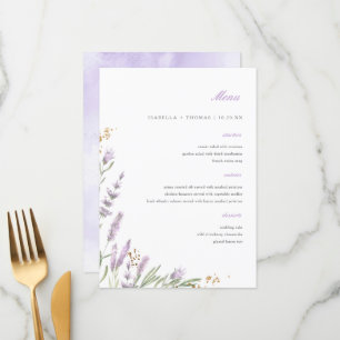 Chique Goud & Waterverf Lavendel Bloemen Bruiloft Menu