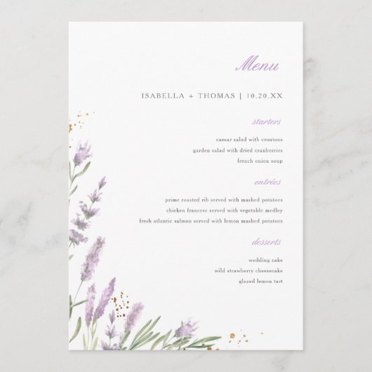Chique Goud & Waterverf Lavendel Bloemen Bruiloft Menu (Voorkant)