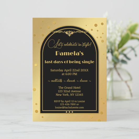 Chique Goud Zwart Confetti Bachelorette Party Kaart (Staand voorkant)