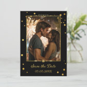Chique Goud Zwart Confetti Foto Opslaan van de Dat Save The Date (Staand voorkant)